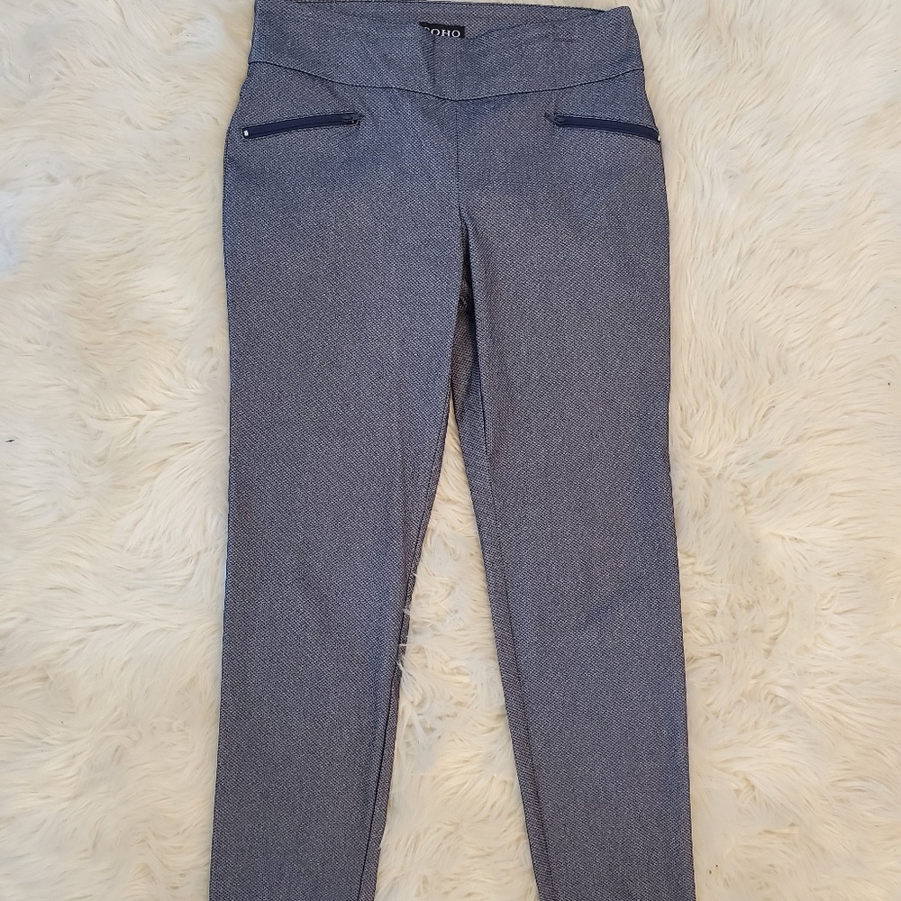 Blue and white stretchy dress pants.